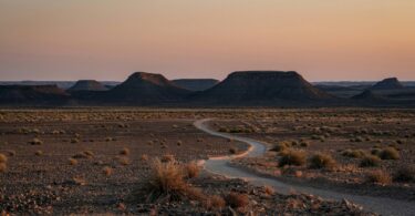 A dirt road in the middle of a desert